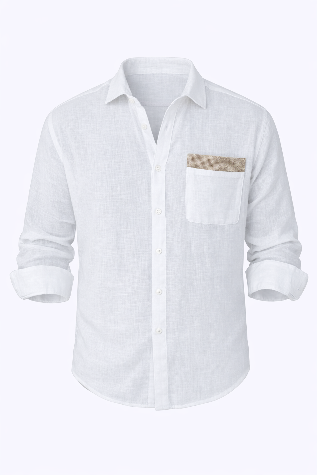 White Linen Shirt With Beige Pocket Pattern