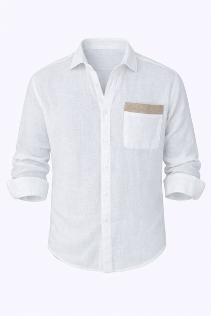 White Linen Shirt With Beige Pocket Pattern