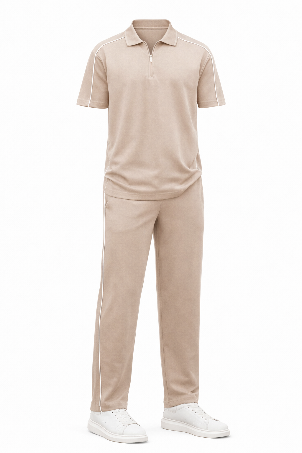 Beige Cotton Polo Neck Set