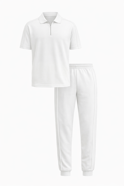 White Cotton Polo Neck Set