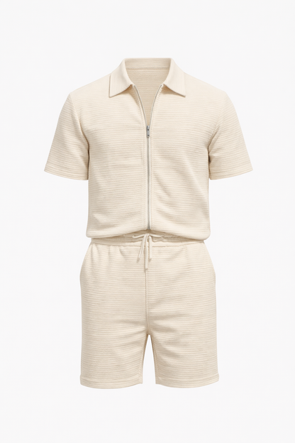 Beige/White Zipper Short Set