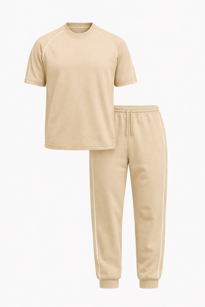 Beige Cotton Round Neck Set