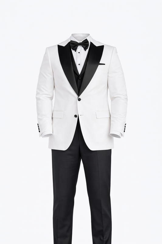 White and Black Tuxedo Peak Lapel Suit