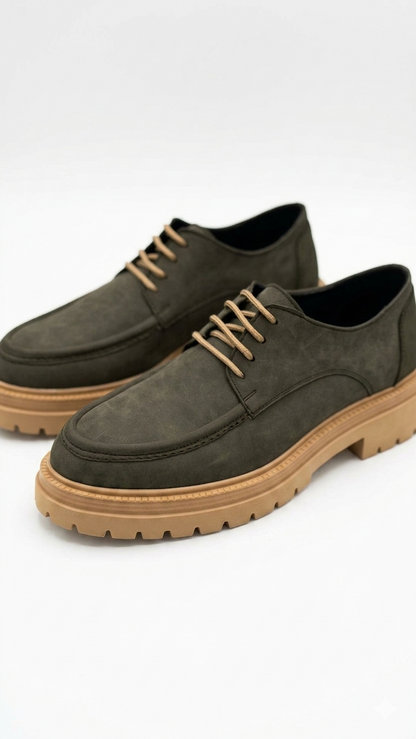 Dark Green Leather Shoes With Tan Soles