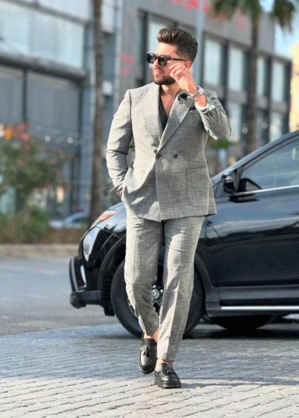 Dark Gray Collar Shawl Suit