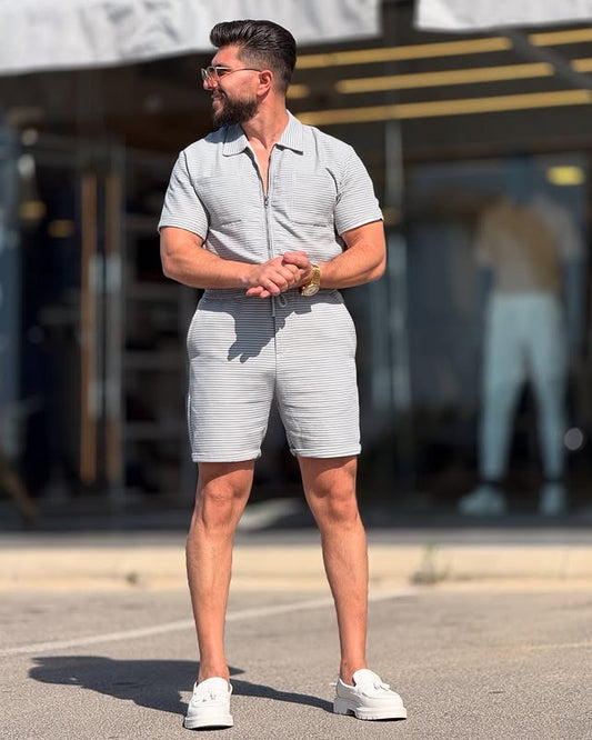 Gray/White Zipper Short Set