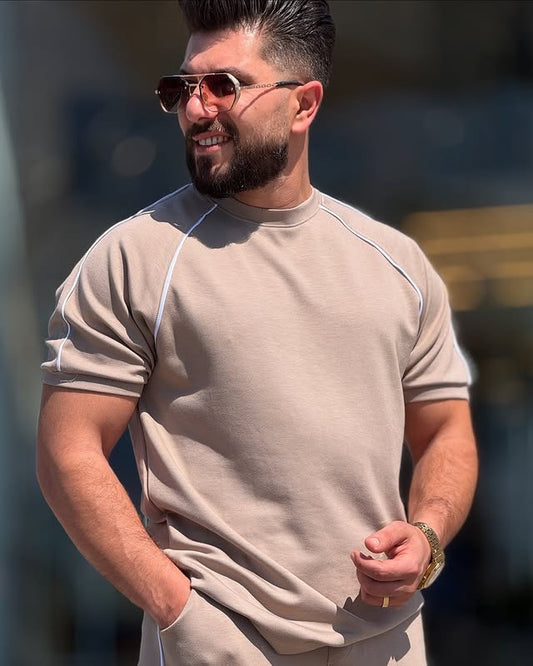 Beige Cotton Round Neck Set