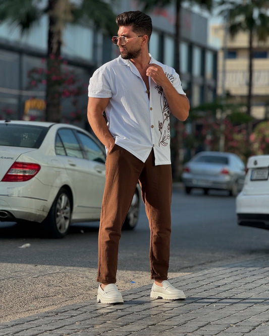 White Shirt With Brown Pattern