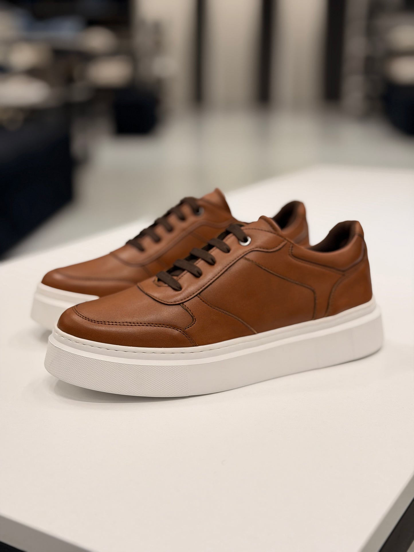 Ozero Brown Leather Sneakers With White Soles