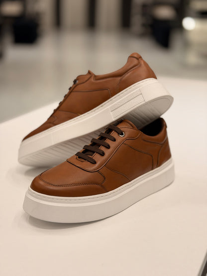 Ozero Brown Leather Sneakers With White Soles