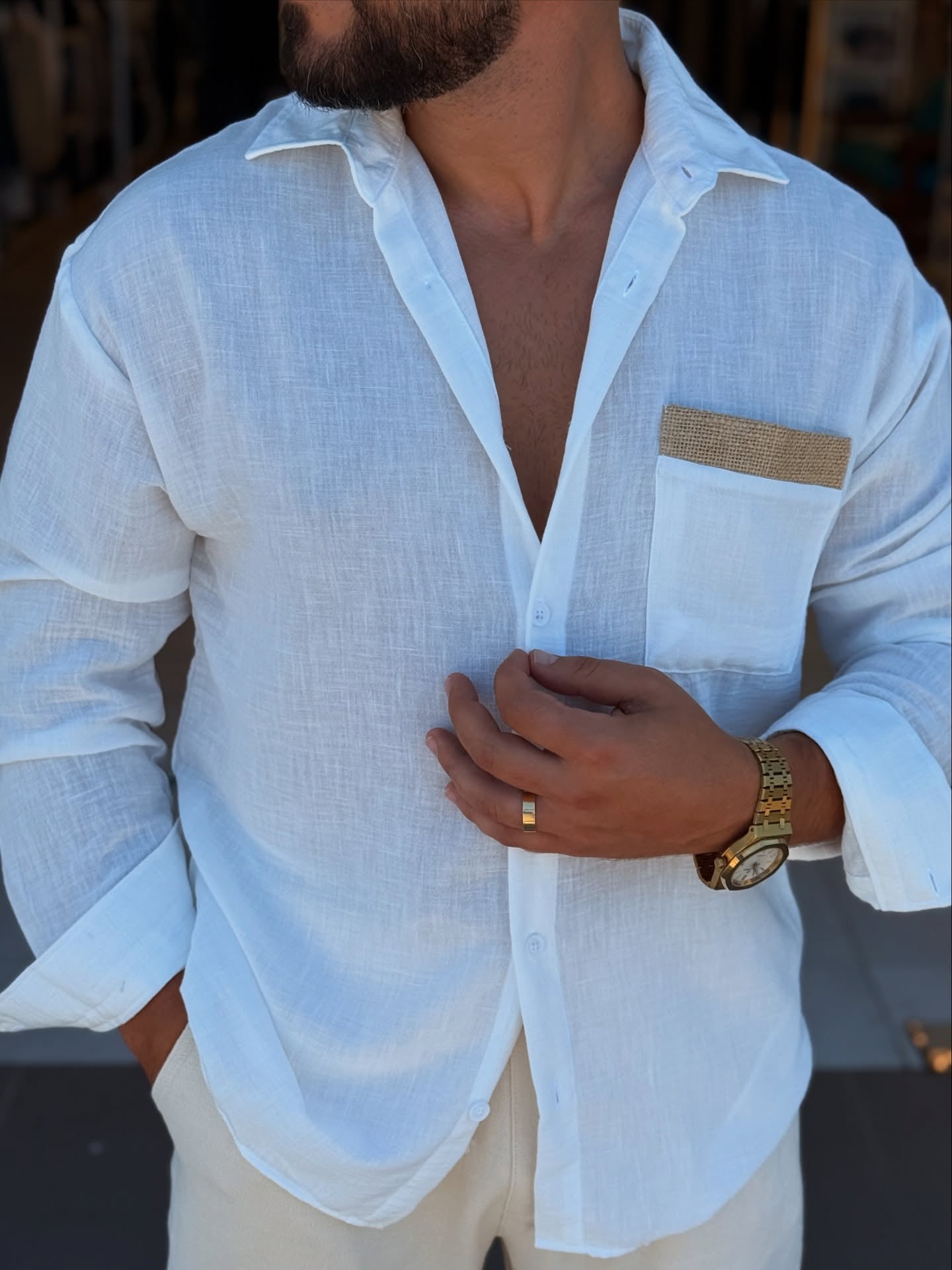 White Linen Shirt With Beige Pocket Pattern