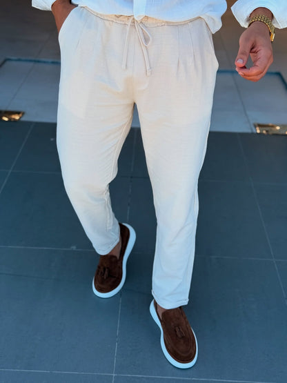 White Linen Shirt With Beige Pocket Pattern