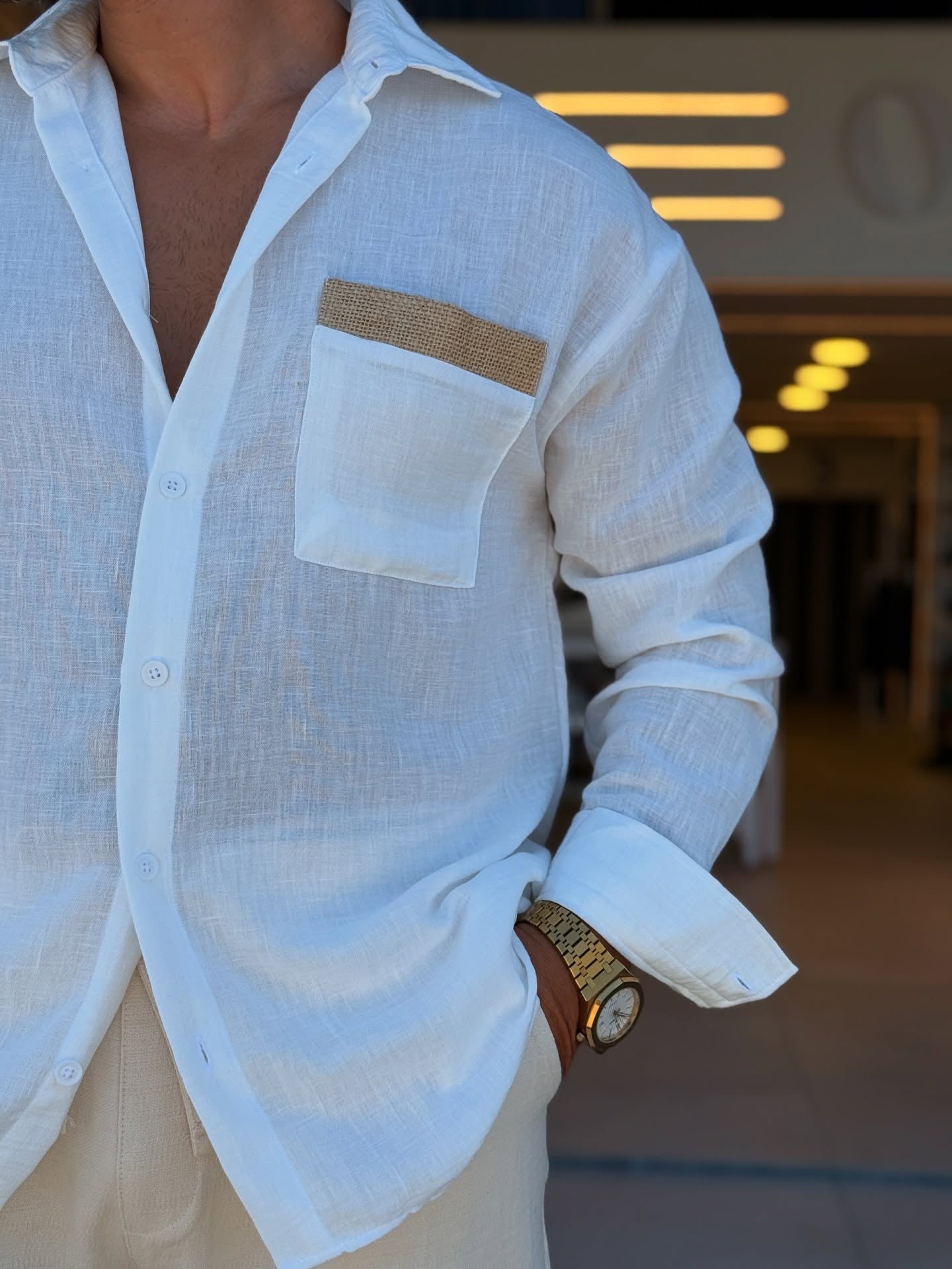 White Linen Shirt With Beige Pocket Pattern