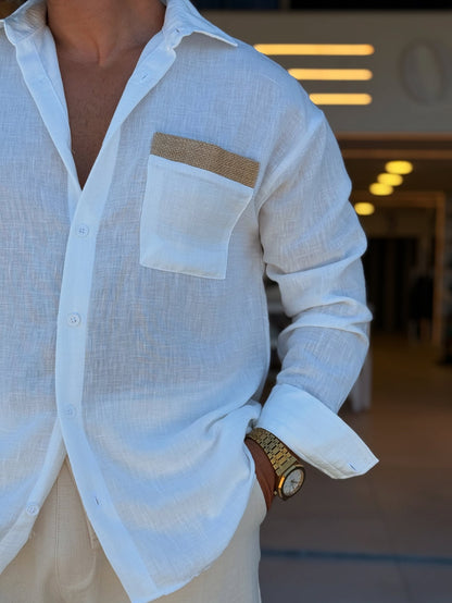 White Linen Shirt With Beige Pocket Pattern