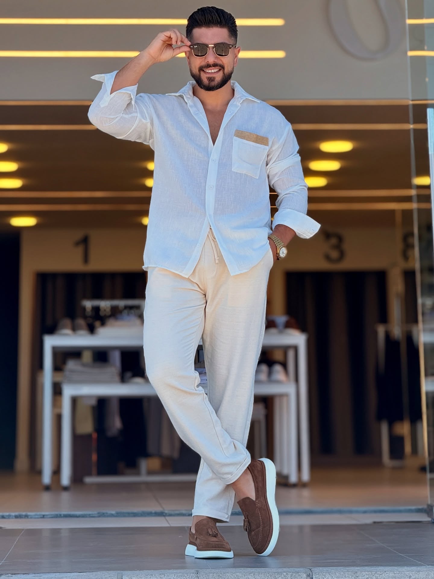 White Linen Shirt With Beige Pocket Pattern