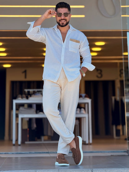 White Linen Shirt With Beige Pocket Pattern