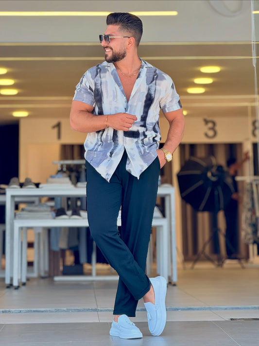 White Shirt With Blue Pattern