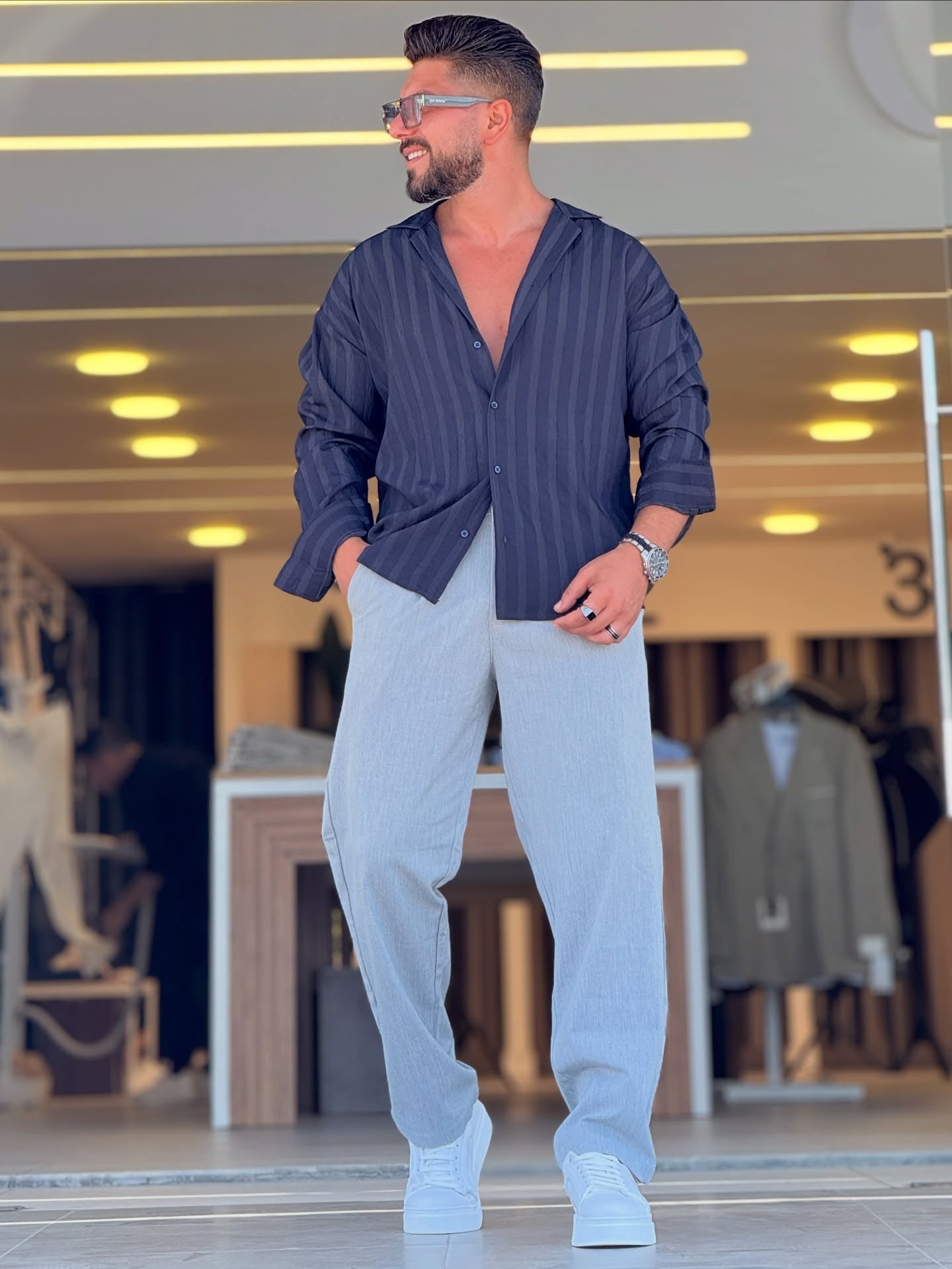 Navy Blue Striped Shirt