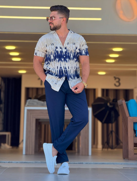 White & Navy Blue Pattern Shirt