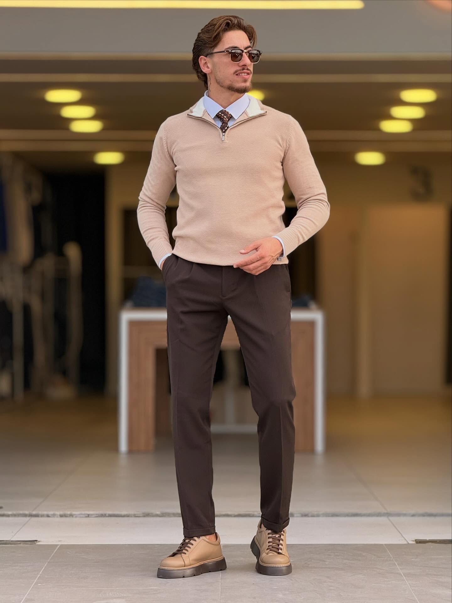 Beige Quarter Zip High Neck Top