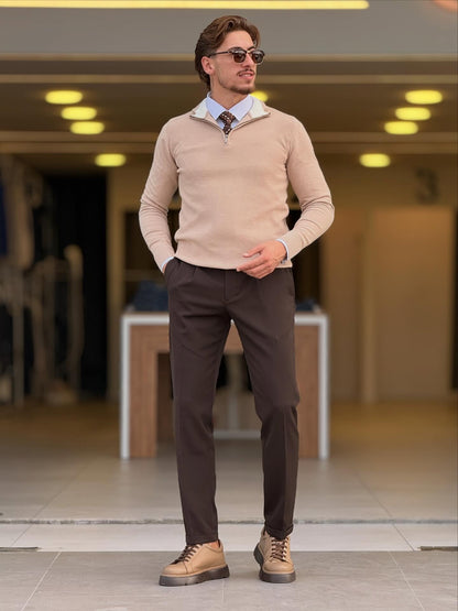 Beige Quarter Zip High Neck Top