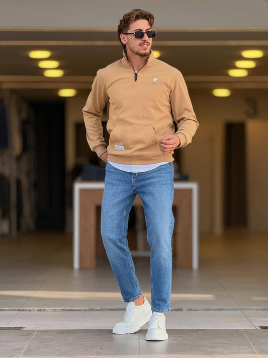 Beige Quarter Zip High Neck Top