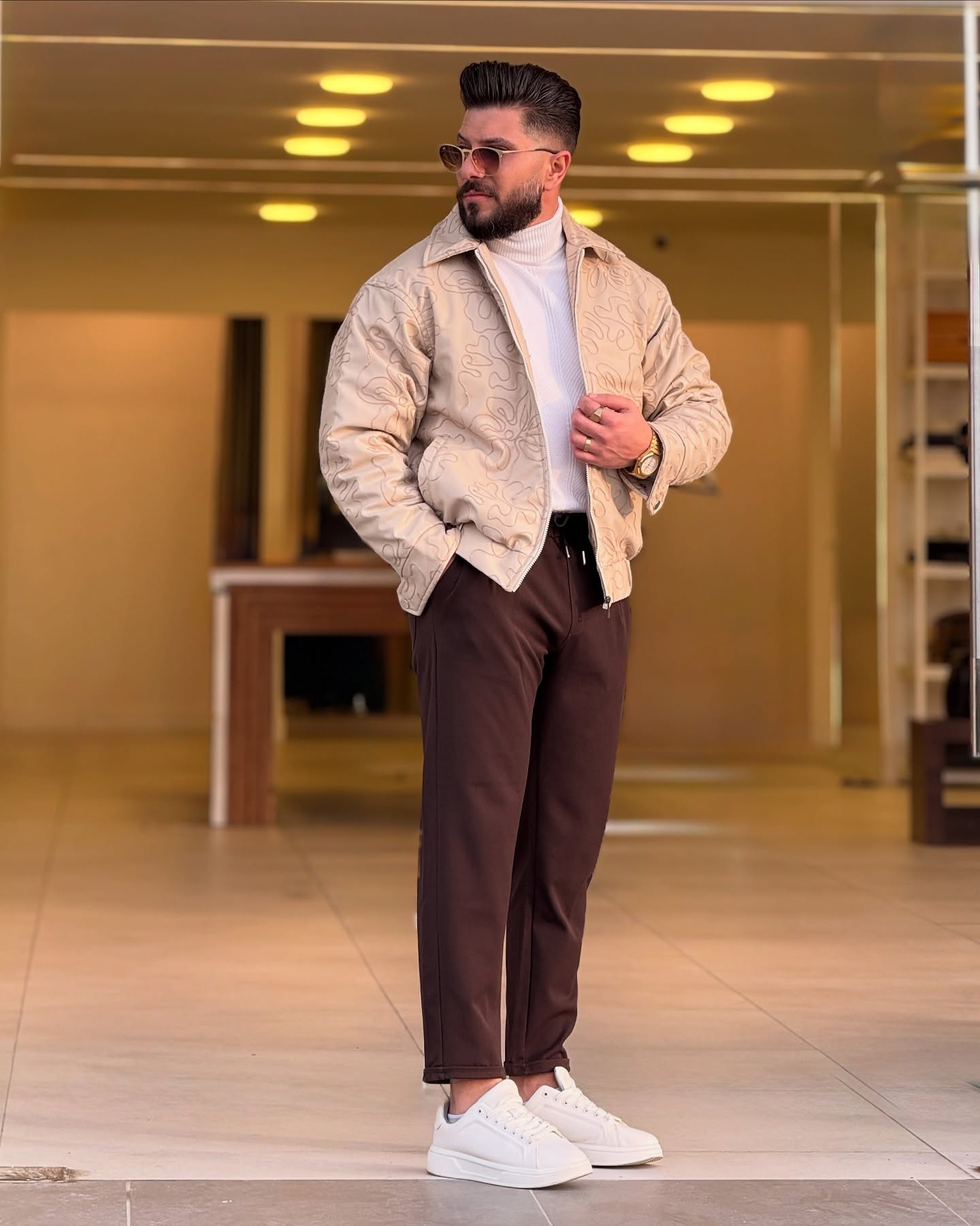 Patterned Beige Leather Jacket