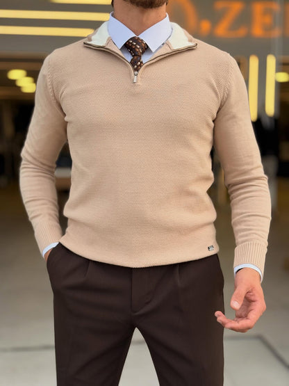 Beige Quarter Zip High Neck Top