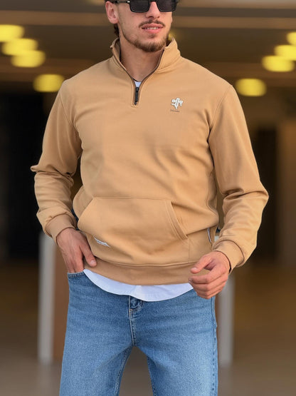 Beige Quarter Zip High Neck Top