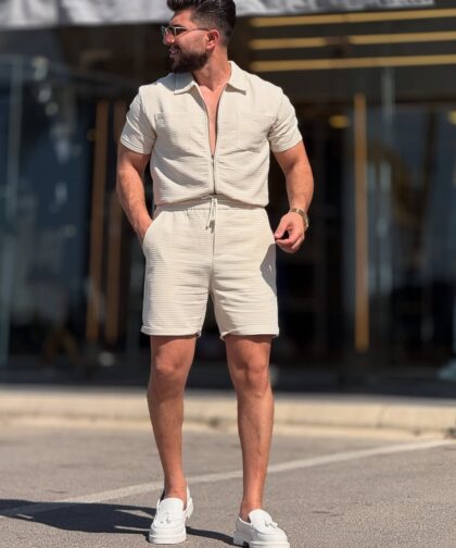 Beige/White Zipper Short Set