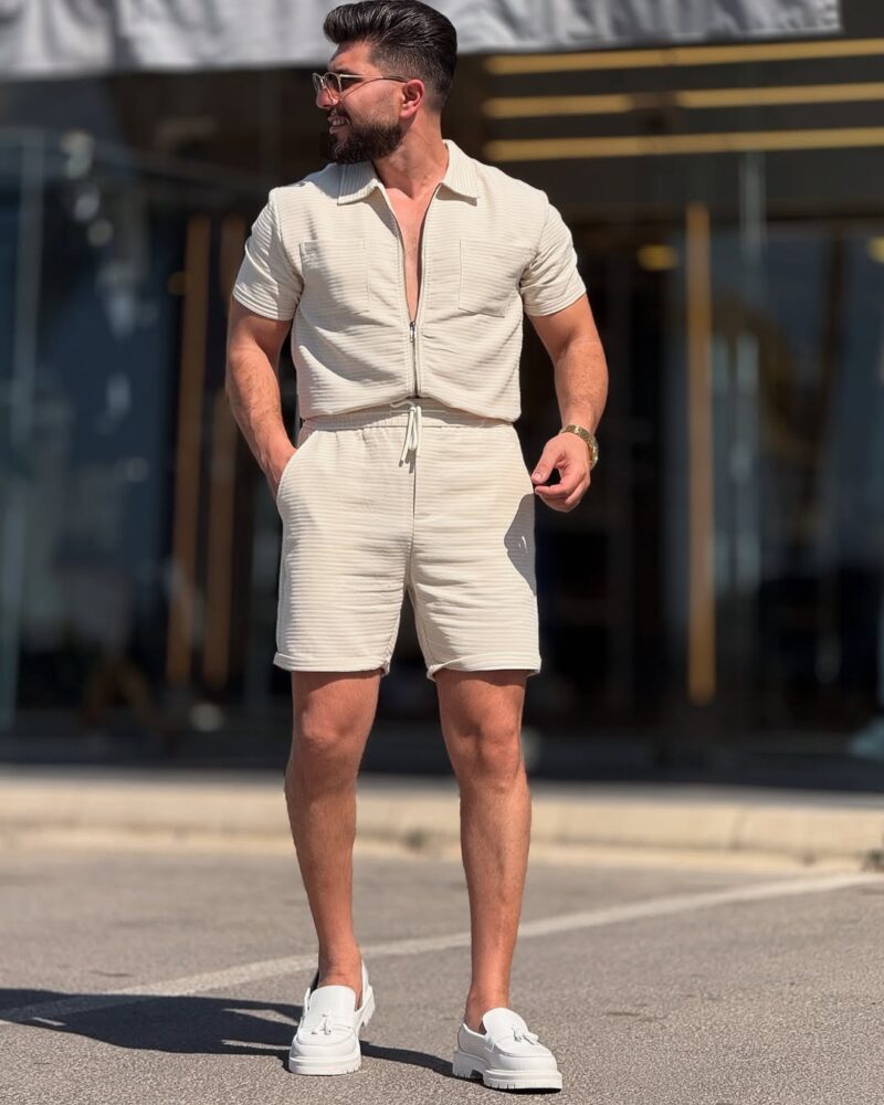 Beige/White Zipper Short Set
