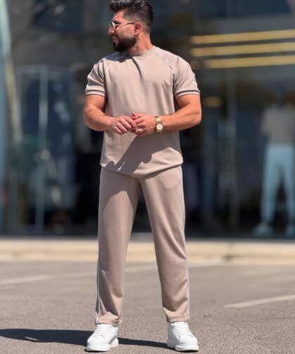 Beige Cotton Round Neck Set