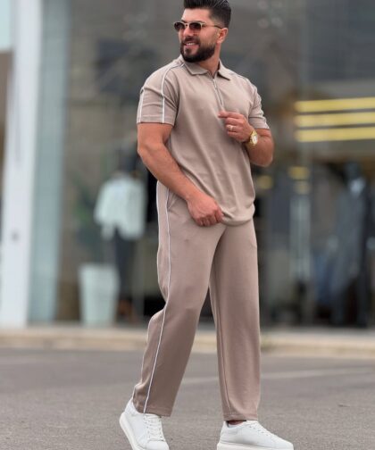 Beige Cotton Polo Neck Set