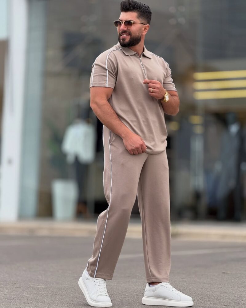 Beige Cotton Polo Neck Set
