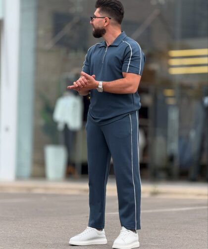 Petroleum Cotton Polo Neck Set