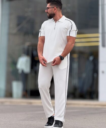 White Cotton Polo Neck Set