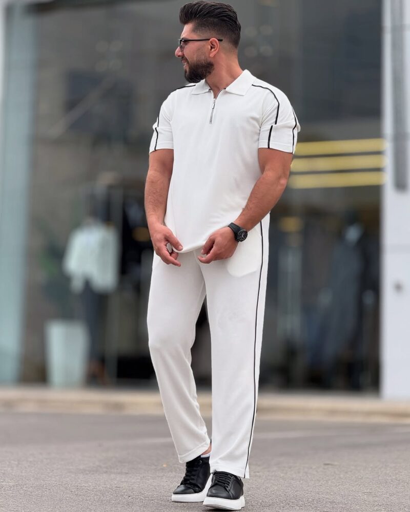 White Cotton Polo Neck Set