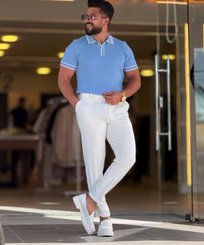 Baby Blue with White Polo Neck