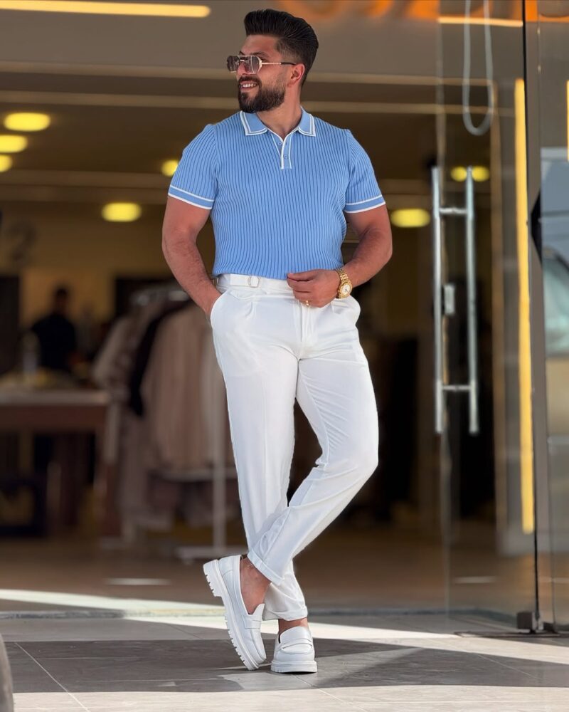 Baby Blue with White Polo Neck