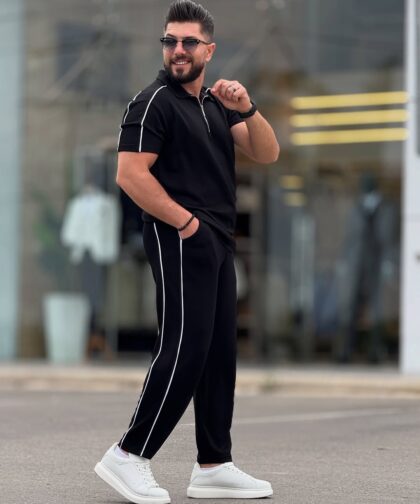Black Cotton Polo Neck Set