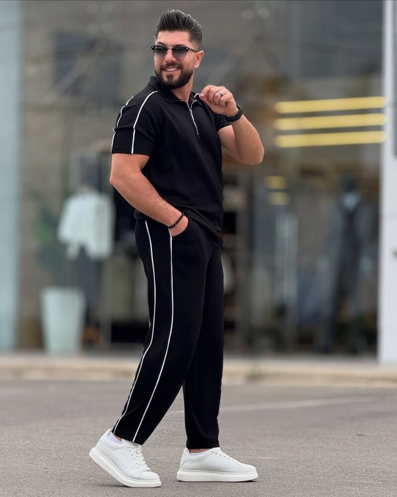 Black Cotton Polo Neck Set