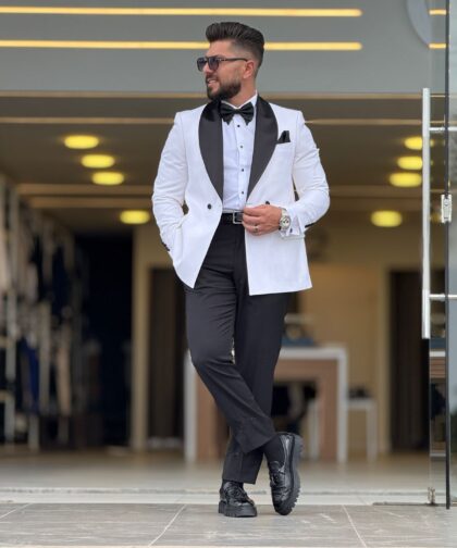 White and Black Tuxedo Col Chale Suit