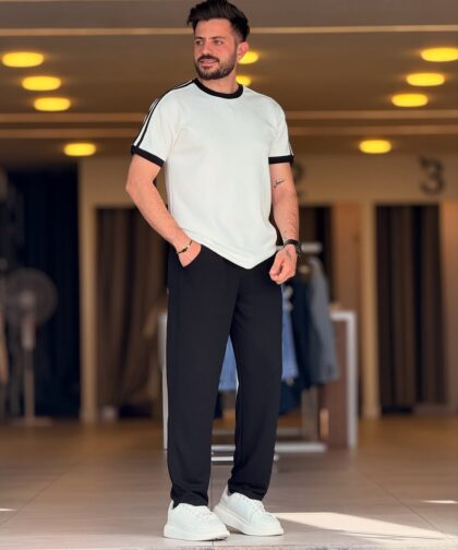 White/Black Cotton Round Neck Set