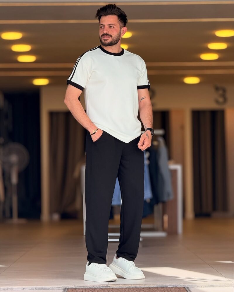 White/Black Cotton Round Neck Set