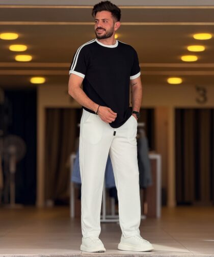 Black/White Cotton Round Neck Set