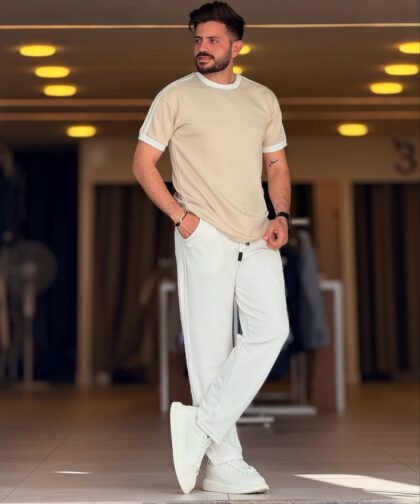 Beige/White Cotton Round Neck Set