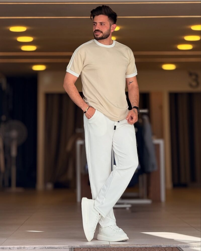 Beige/White Cotton Round Neck Set
