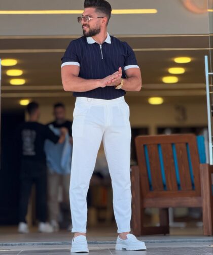 Navy with White Polo Neck