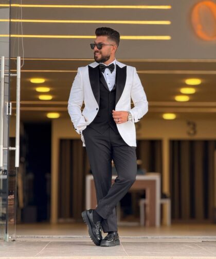 White and Black Tuxedo Peak Lapel Suit