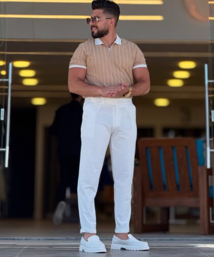 Beige with White Polo Neck
